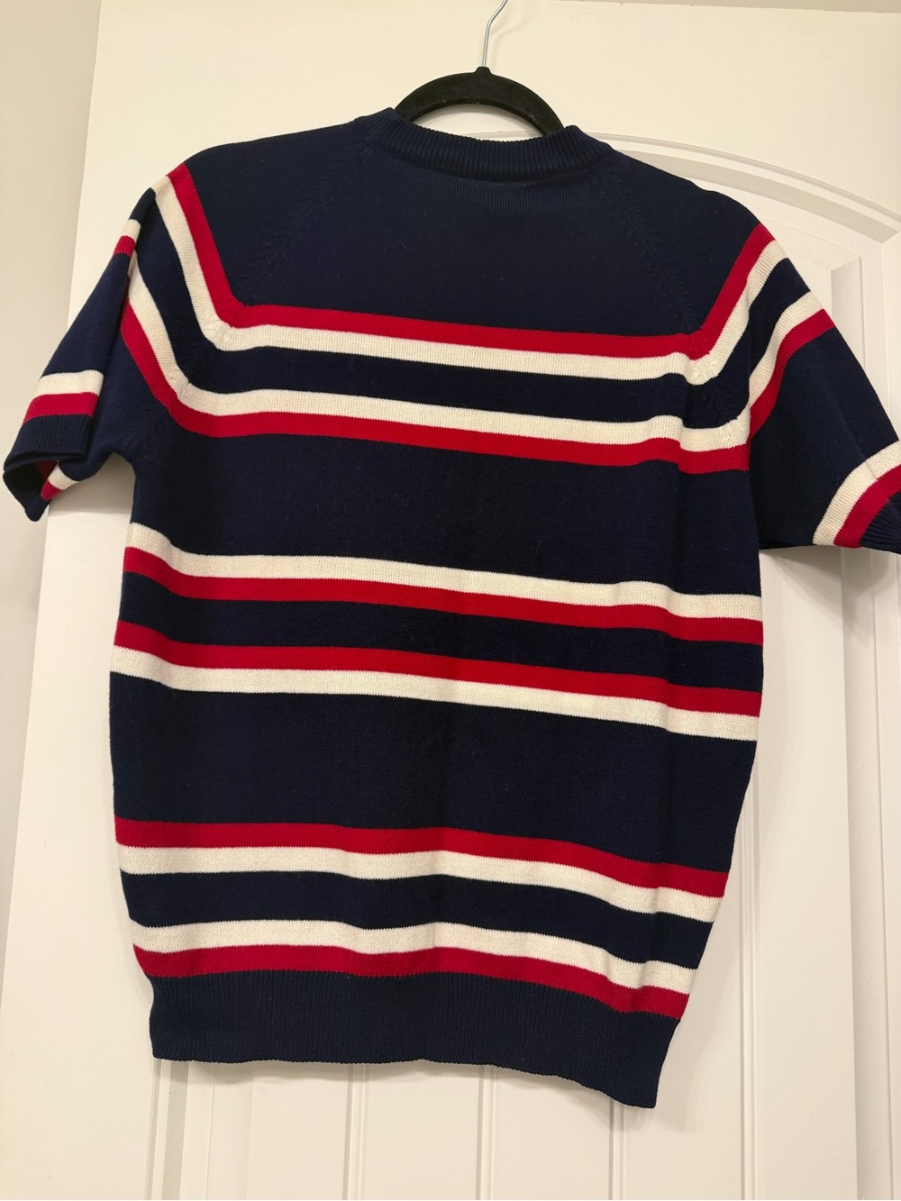 Vintage Navy Short-Sleeve Stripe Sweater - Red & White Accent